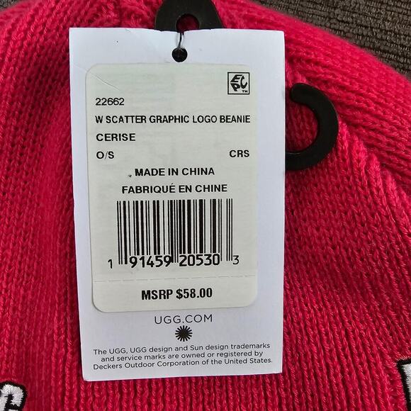 UGG Women's Cerise Pink Scatter Graphic Logo Knit Cuff Beanie Size One Size - Picture 6 of 7